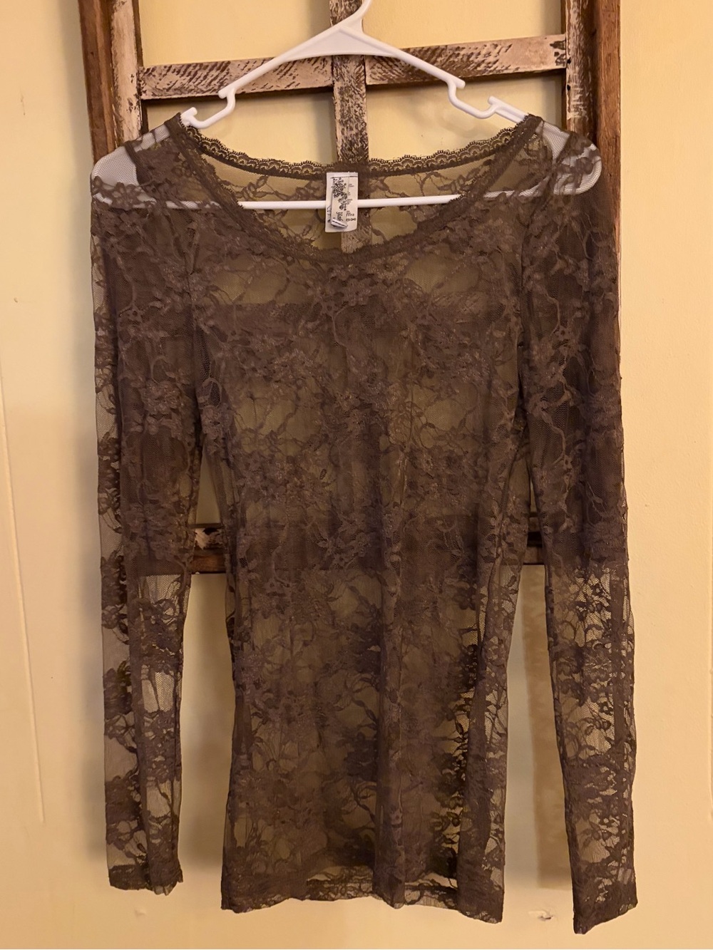 Yahada Taupe Brown Floral Lace Long Sleeve Top